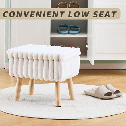 Wimarsbon Storage Ottoman,Soft Faux Fur Footstool with Padded Seat, Small Reading Vanity Chair, Footrest with Wood Tray for Couch, Mini Coffee Table or Display Stand (Cream, Rectangular Storage)