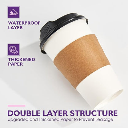 16 oz 50 Pack Disposable Coffee Cups with Lids and Sleeves, To Go Coffee Cups with Lids, Hot/Cold Beverage Drinking Cup for Coffee, Tea