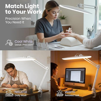 Neatfi XL LED Desk Lamp with Clamp, 2200 Lumens, 20W, 20-Inch Wide Head, Dimmable 4 Brightness Levels, 3 Color Modes 3000K–6000K, Task Light for Home Office, Crafts, Workbench (CCT, White)