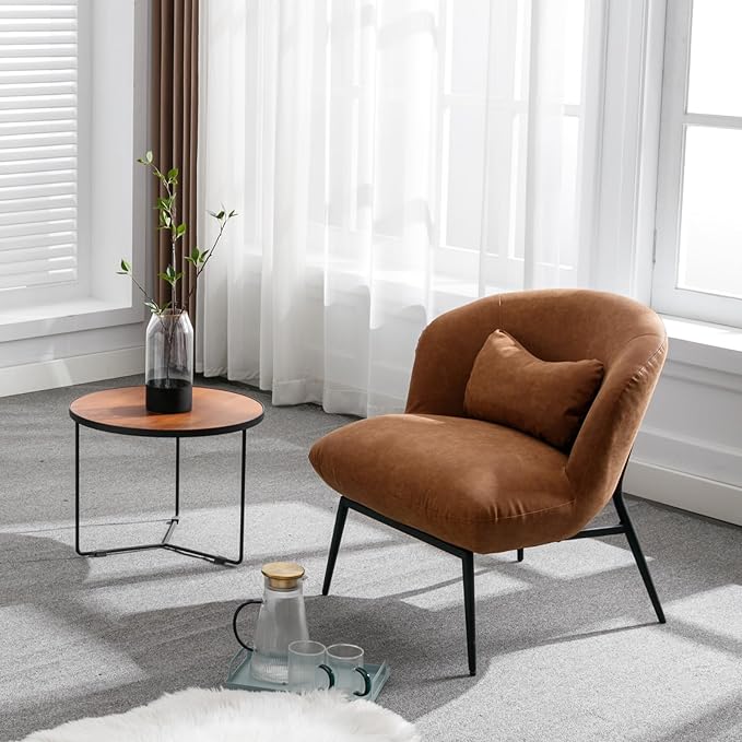 Modern Accent Chair Set of 2, Upholstered PU Leather Side Chair Guest Chair with Small Pillow Black Metal Legs, Comfy Lounge Chair for Living Room Bedroom, Brown