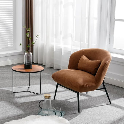 Modern Accent Chair Set of 2, Upholstered PU Leather Side Chair Guest Chair with Small Pillow Black Metal Legs, Comfy Lounge Chair for Living Room Bedroom, Brown
