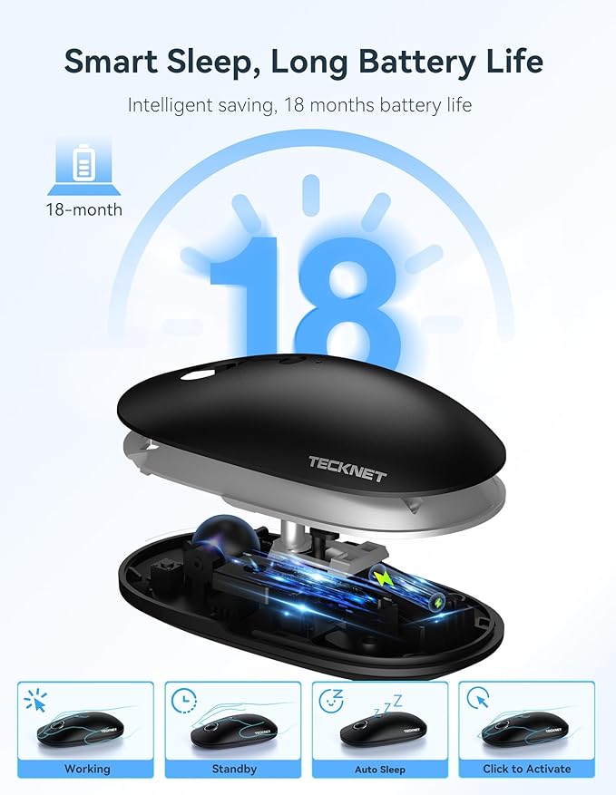 TECKNET Wireless Mouse, 2.4G USB Quiet Click Mouse - Ambidextrous, 4800 DPI, Slim Portable for Travel, PC/Laptop Compatible - Black