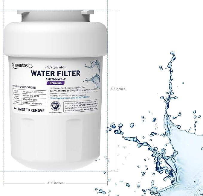 Amazon Basics Replacement Water Filter Cartridge Compatible with GE MWF Refrigerator, Pack of 2