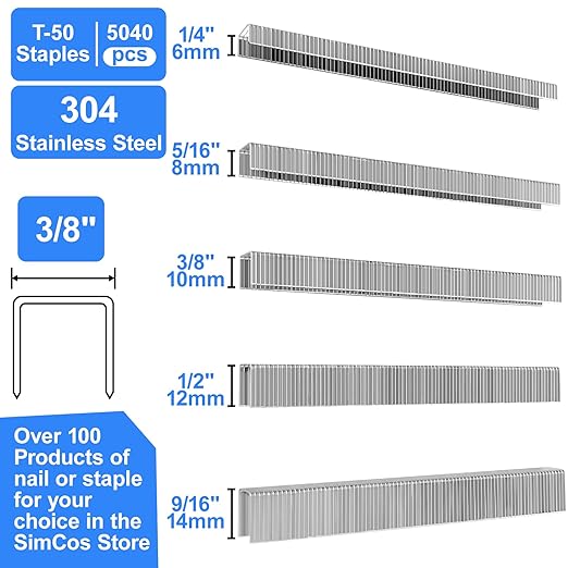 20 Gauge 304 Stainless Steel T/50 Staples - 3/8" Crown Upholstery Staples, 1/4"~9/16" Leg Length, 1008 Counts, Compatible with Staple Gun & T-50 Stapler (1/4"+5/16"+3/8"+1/2"+9/16"-5040 pcs)