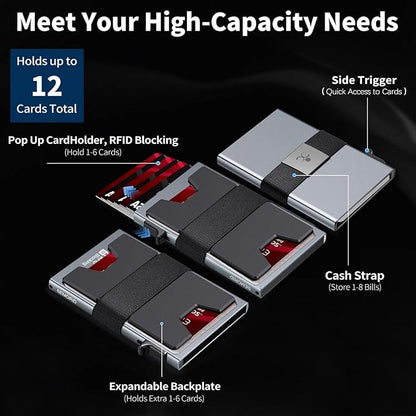 Slim Aluminum Card Holder Wallet for Men, Durable Expandable Backplate, RFID Blocking Minimalist Metal Pop Up Wallet, Holds 12 Cards Plus Cash (Grey)