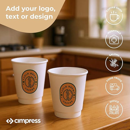 Custom Disposable Paper Coffee Cups, 12oz, Pack of 200, Add Your Logo or Text, Double Walled, Leakproof for Hot and Cold Drinks, Perfect for Christmas Parties or other Festive Events