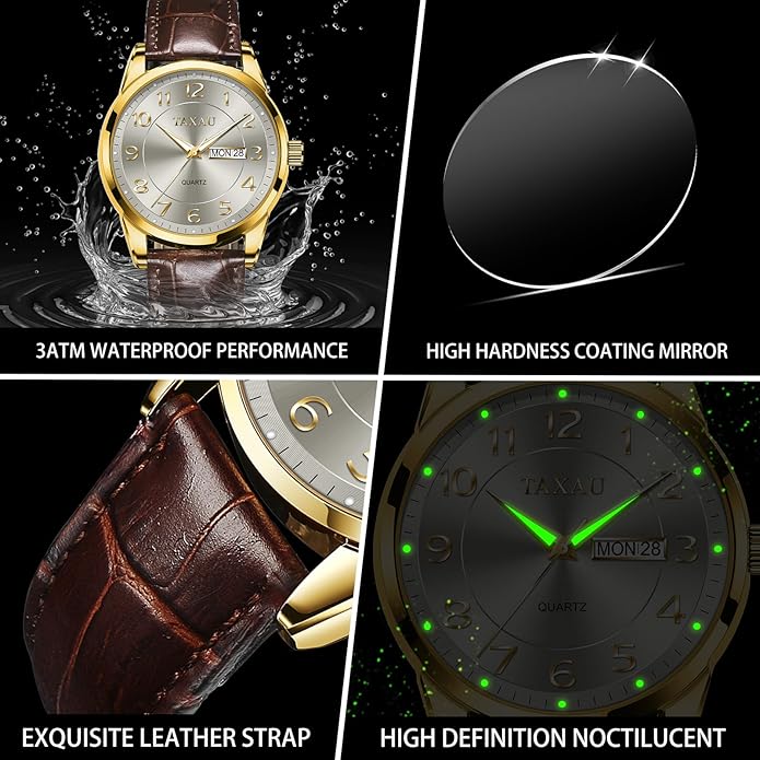 Men's Watch Big Face Easy Read Arabic Numeral Dress Watches for Men Classic Black Brown Leather Band Analog Mens Wrist Watch with Day and Date Fashion Business Waterproof Luminous Quartz Watch