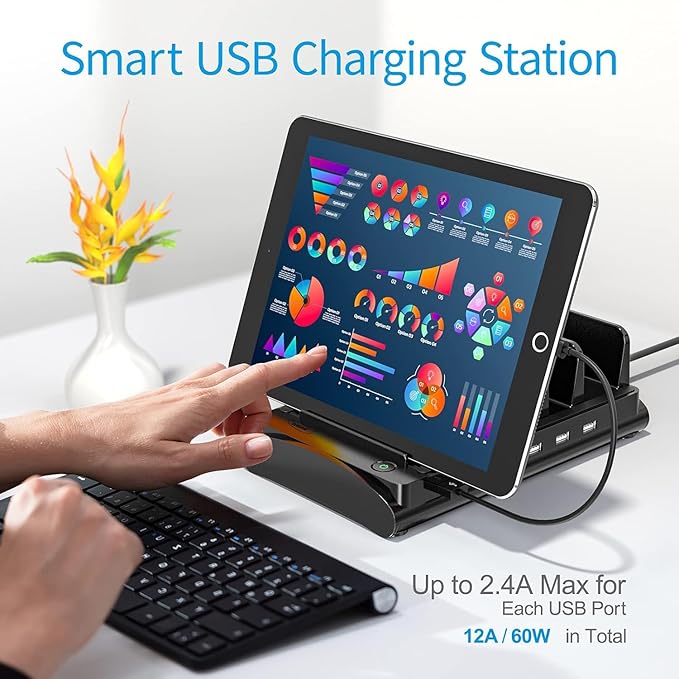 Charging Station for Multiple Devices, Bototek 60W 6 Ports Multi Charger Station for iPhone, iPad, Cell Phone, Tablets, and Other Electronics (6 Ports-Whtie)