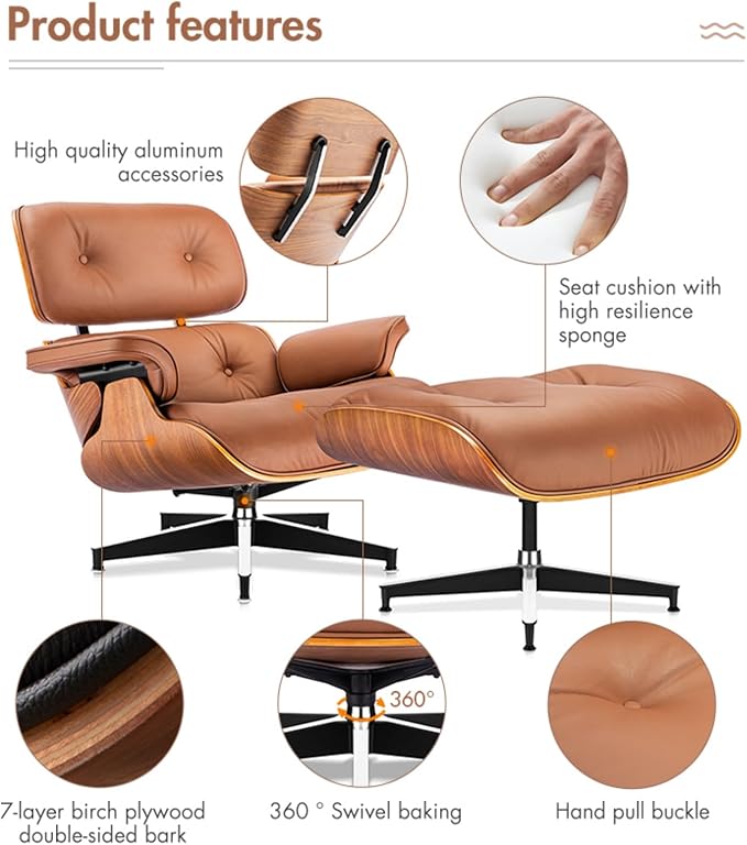Mid Century Chaise Lounge Chair with Ottoman, Top Black Grain Leather, Modern Office Chair Classic Design, Heavy Duty Base Support for Living Room Study Lounge Office