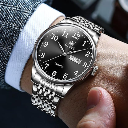 OLEVS Mens Watch Stainless Steel Analog Quartz Watches for Men Day Date Easy Read Diamond Waterproof Dress Luxury Classic Casual Big Face Blue/Black/Gold/Silver Roman Arabic Numerals Men's Wrist Watch