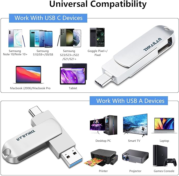 Thkailar USB C Flash Drive 1TB,2 in 1 USB A to Type C Thumb Drive, Read Up to 500MB/s Memory Stick Dual Ports,USB 3.2 Flash Drive for iPhone 15/16/17, Android Phone,Computer,MacBook,Tablet,Laptop
