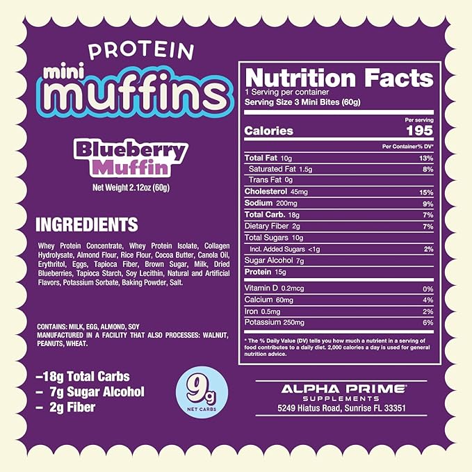 Prime Bites Minis | Protein Mini Muffins from Alpha Prime Supplements | High Protein, Collagen Fortified Low Sugar Treat | Delicious Snack | 12 Packs per Box - Variety Pack