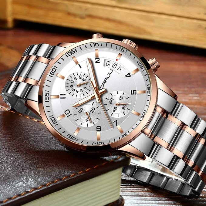 CRRJU Men's Fashion Stainless Steel Watches Date Waterproof Chronograph Wristwatches,Black Steel Band Waterproof Quartz Watch for Men