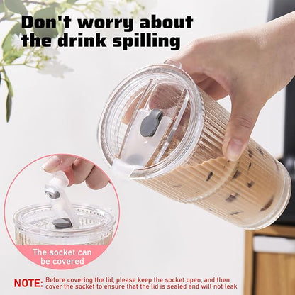 GOSCHE 20oz Glass Tumblers with Straws and Lids, Ribbed Iced Coffee Cups Leak-proof, Dishwasher Safe, Thickened Glass Cups with Lids Ideal for Coffee and Travel, Clear, 4 Pack