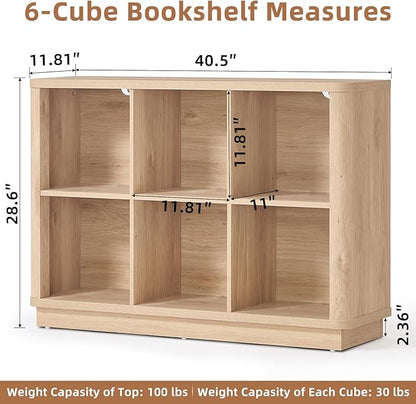 6 Cube Storage Book Shelf, 40" Wide Low Horizontal Bookcase with Curved Edge, Floor Standing 2-Tier Wooden Bookshelf with Base, Modern Short Book Case for Bedroom, Study, Entryway, Natural Oak
