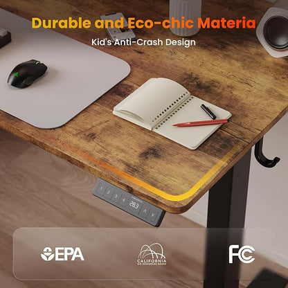 55x24 Inches Height Adjustable Electric Standing Desk with 2 Hooks for Home Office, Ergonomic Sit Stand up Desk with Splice Board, Rustic Brown