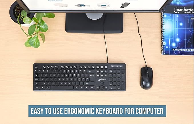 MANHATTAN USB Wired Computer Keyboard - with 4.5 ft USB-A Cable, 104 Quiet Membrane Keys, Full-Size, Spill-Resistant - Compatible with Windows, Linux, Laptop, Desktop, PC - 3 Yr Mfg Warranty - 180689