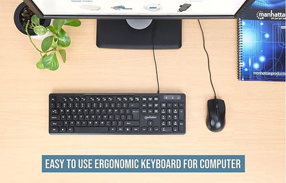 MANHATTAN USB Wired Computer Keyboard - with 4.5 ft USB-A Cable, 104 Quiet Membrane Keys, Full-Size, Spill-Resistant - Compatible with Windows, Linux, Laptop, Desktop, PC - 3 Yr Mfg Warranty - 180689
