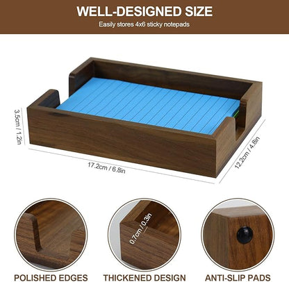MultiBey Walnut Wood Sticky Notes Holder for Desk, 4x6 Inch Self -Sticky Note Memo Holder, Wooden Sticky Note Dispenser Office Desk Organizer for Dorm Room Office Home School (S)