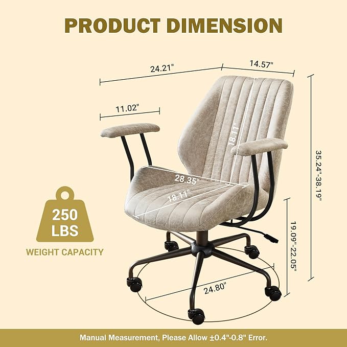 Home Office Desk Chair Adjustable Height, Ergonomic Executive Office Chair with Armrests, Rolling Comfy Desk Chair with Lumbar Support, Mid Century Modern, Beige