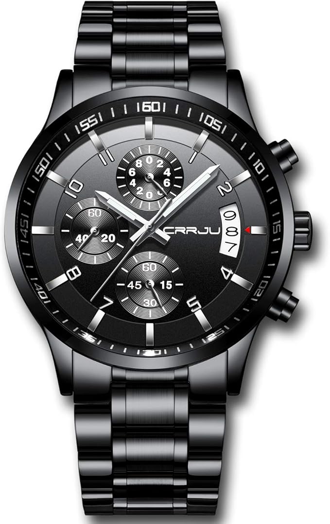 CRRJU Men's Fashion Stainless Steel Watches Date Waterproof Chronograph Wristwatches,Black Steel Band Waterproof Quartz Watch for Men