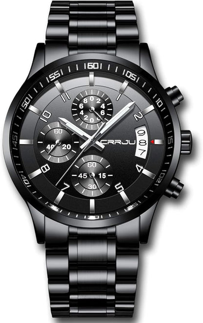 CRRJU Men's Fashion Stainless Steel Watches Date Waterproof Chronograph Wristwatches,Black Steel Band Waterproof Quartz Watch for Men