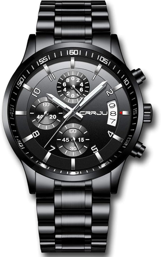 CRRJU Men's Fashion Stainless Steel Watches Date Waterproof Chronograph Wristwatches,Black Steel Band Waterproof Quartz Watch for Men