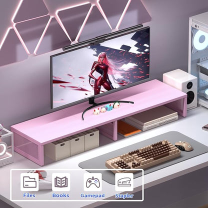Dual Computer Monitor Stand Riser, Desk Organizers and Accessories, Printer & TV Stand, Desk Shelf, Office Desk Accessories & Desktop Workspace Organizer for Office Supplies, Pink
