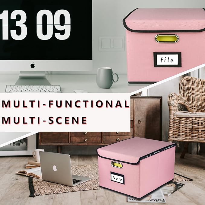 Collapsible File Organizer Box, filing Storage boxes for hanging files with lid, Linen Portable file folder box with handle, Decorative Document Storage Bins for Office/Home/Décor(Pink)