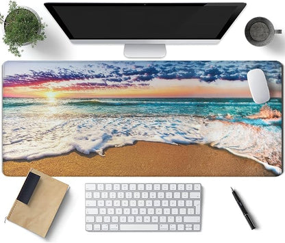 Sea and Beach Patterns Desk Mat, Large Gaming Mouse Pad Non-Slip Rubber Base with Stitched Edges, Waterproof Protection for PC Laptop Home Office Desk Decor (31.5x11.8in)