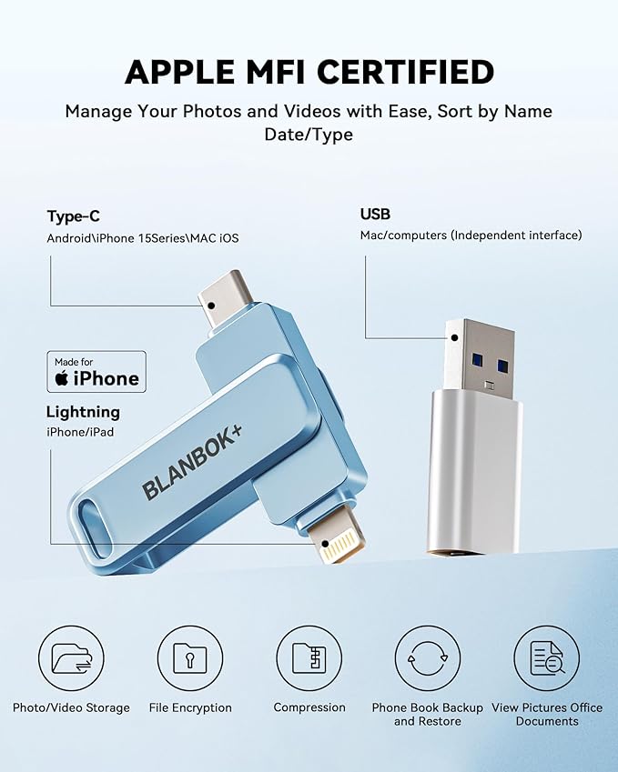 MFi Certified 256GB iPhone Photo Stick, USB Flash Drive for Photo/Video Backup, High-Speed Thumb Drive Compatible for iPhone/iPad/Android/PC (Blue)