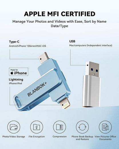 MFi Certified 256GB iPhone Photo Stick, USB Flash Drive for Photo/Video Backup, High-Speed Thumb Drive Compatible for iPhone/iPad/Android/PC (Blue)