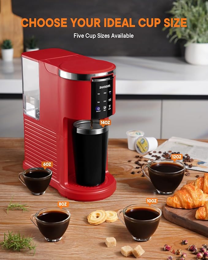 SHARDOR K Cup Coffee Maker, 3 in 1 Single Serve Coffee Maker for K Cup Pods & Ground Coffee & Teas, 6 to 14oz Brew Sizes, 40oz Detachable Water Reservoir, Compact Design, Red