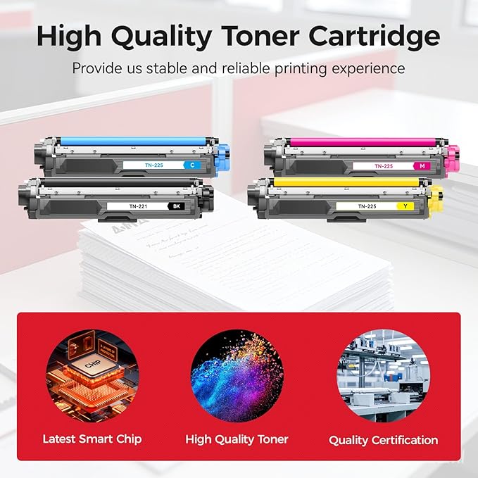TN221 TN225 Toner Cartridge Set 4-Pack Replacement for Brother TN-221 TN-225 Compatible with MFC-9130CW HL-3170CDW MFC-9340CDW HL-3140CW MFC-9330CDW DCP-9020CDN (1 Black 1 Cyan 1 Magenta 1 Yelllow)
