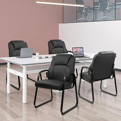 CLATINA Ergonomic Black Guest Chair with Arms Set of 4- Office Reception & Conference Seating, PU Leather Meeting Chairs with Sled Base for Waiting Rooms & Home Offices