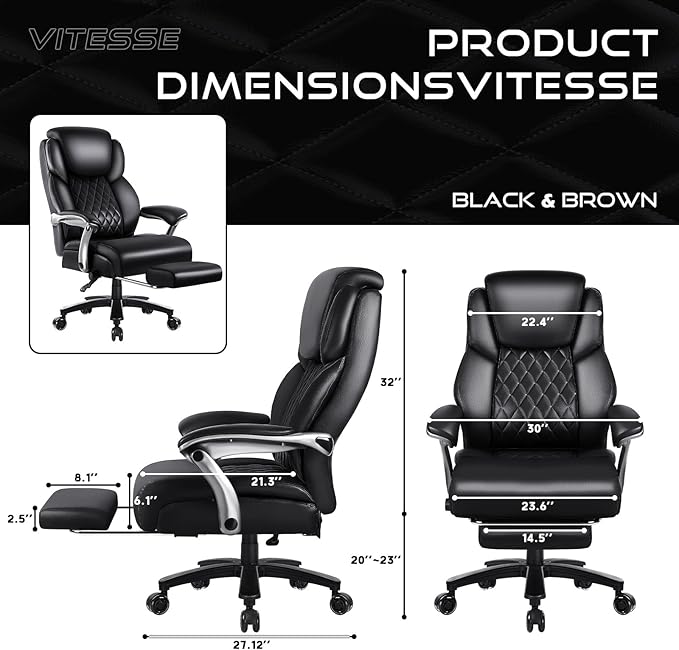 OFIKA 600lbs Big and Tall Office Chair with Foot Rest and Lifting Headrest,Large Heavy Duty Chair with Adjustable Lumber Support,Executive Office Chair,Leather Chair for Heavy People (Black)