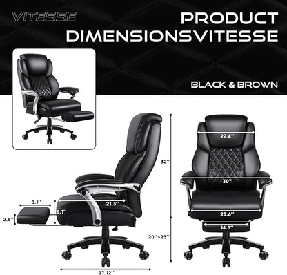 OFIKA 600lbs Big and Tall Office Chair with Foot Rest and Lifting Headrest,Large Heavy Duty Chair with Adjustable Lumber Support,Executive Office Chair,Leather Chair for Heavy People (Black)