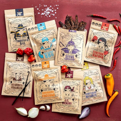 Righteous Felon Beef Jerky Variety Pack | Gluten Free Beef Jerky Snack Packs for Adults | High Protein, Keto-Friendly, Low Sugar | Made with Premium Meats | Gifts for Men | Sampler 8 Pack