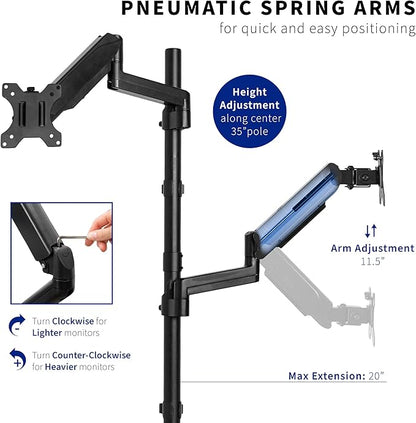 VIVO Dual Monitor Arm Extra Tall Mount for Screens up to 32 inches, Pneumatic Height Adjustment, Full Articulating Heavy Duty VESA Stand with Desk C-clamp and Grommet, STAND-V012K
