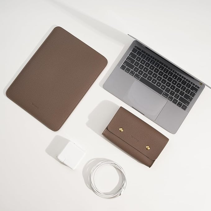 PU Leather Padded Laptop Sleeve 15.3Inch Compatible with MacBook Air 15 A3114 M3 Laptop Bag with Charger Pouch Color Coffee