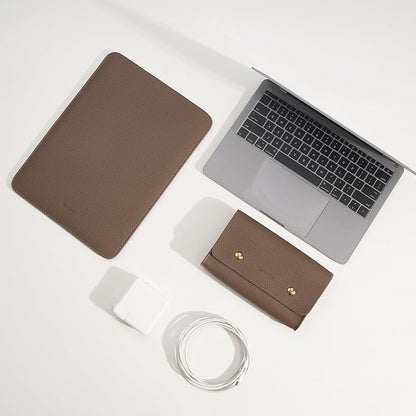 PU Leather Padded Laptop Sleeve 15.3Inch Compatible with MacBook Air 15 A3114 M3 Laptop Bag with Charger Pouch Color Coffee