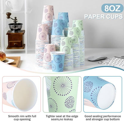 [300 Pack 8 OZ Paper Cups, Disposable Coffee Cups 8 oz Colourful Hot/Cold Beverage Drinking Cups for Office Party Home Picnic