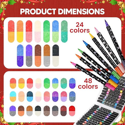 Colors Dual Tip Glitter Gel Pen Set, 2025 Upgrade Fiber Tips Smooth Sparkle Paint Markers Pen for Adults Coloring, Shimmer Metallic Glitter Markers for DIY Crafts Christmas Cards Making (24)