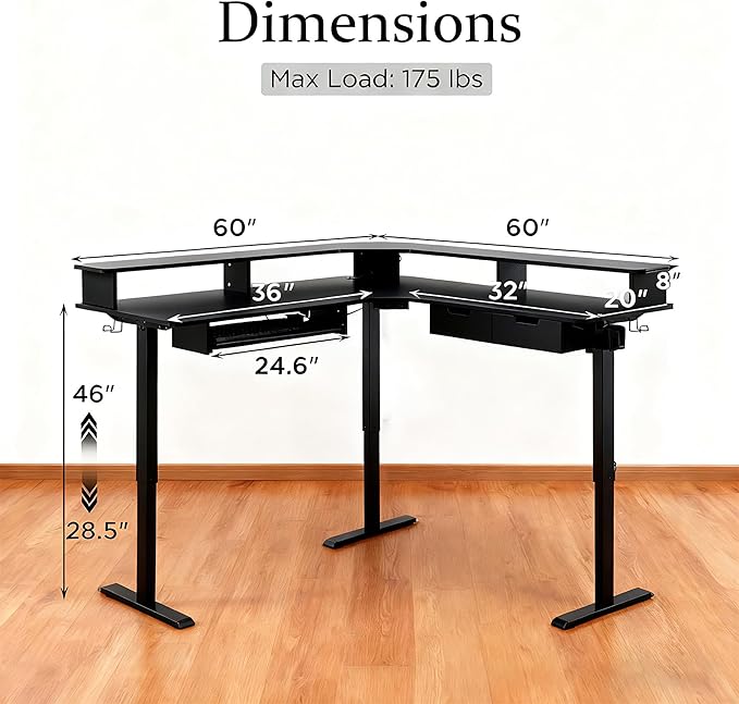 T4TREAM 60" Electric Standing Desk - L Shaped Desk with Monitor Stand, Charging Station & Remote Light, Home Office & Gaming Corner Computer Desk, Carbon Fiber Black