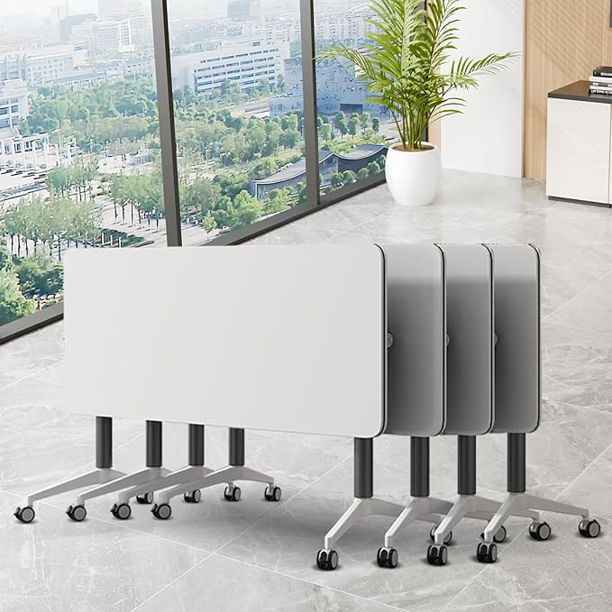 Conference Room Table, Folding Conference Table with Silent Wheels, Modular Flip Top Mobile Training Tables for Office, Training Room, Meeting Rooms, School, 2-16 Person (4, White, 61in)