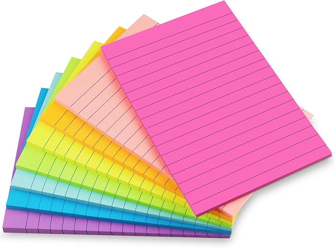 Lined Sticky Notes 4x6 in, 8 Pack Super Sticking Power Self-Stick Note Pads Bright Colors for Home, Office, School
