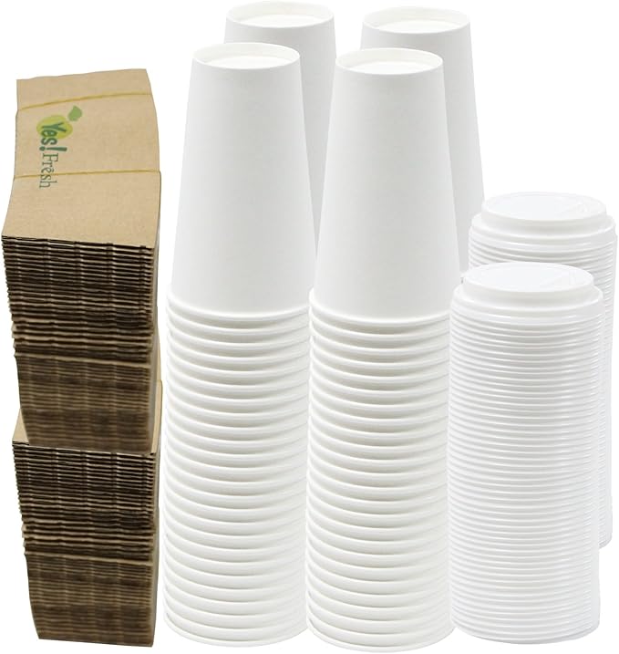 Yes!Fresh Disposable Paper Hot Coffee Cups with Lids for Office Parties Home Travel Corrugated Sleeve Hot Drink Cups (White 16 oz 100 count)