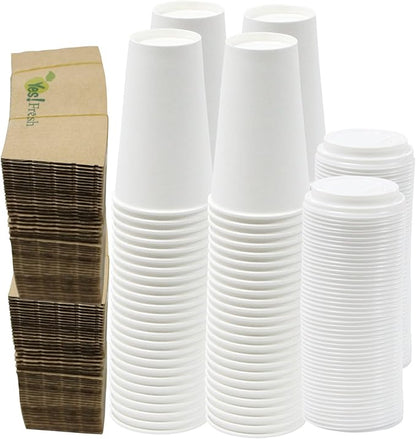 Yes!Fresh Disposable Paper Hot Coffee Cups with Lids for Office Parties Home Travel Corrugated Sleeve Hot Drink Cups (White 16 oz 100 count)