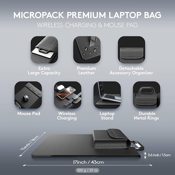 MicroPack Laptop Sleeve with Wireless Charging, Built-in Detachable Accessory Organizer and Metal Handle, Mouse Pad and Stand, Leather Laptop Bag for 15 Inch MacBook/HP/Dell, Watch, Headphones - Black