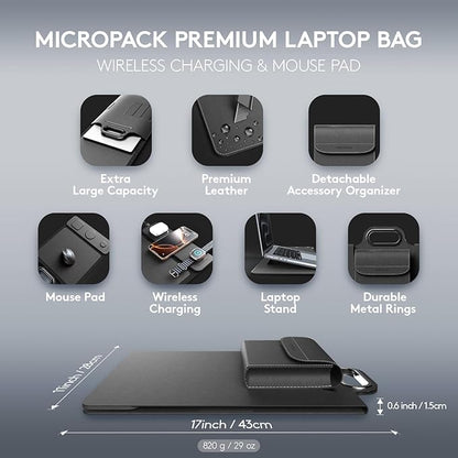 MicroPack Laptop Sleeve with Wireless Charging, Built-in Detachable Accessory Organizer and Metal Handle, Mouse Pad and Stand, Leather Laptop Bag for 15 Inch MacBook/HP/Dell, Watch, Headphones - Black